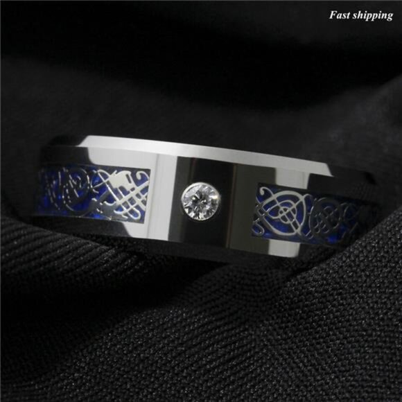 Men's Wedding Band Rings - Silver Celtic Dragon CZ Rings for Men and Women - Picture 3 of 7